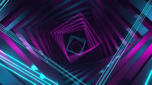 Cyan And Pink Movement Of Spiral Neons Through Square Tunnel Background Vj Loop In 4K
