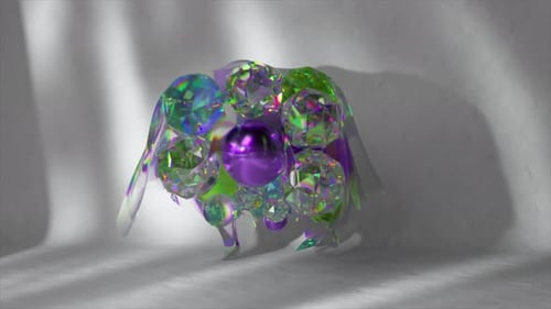 Concepto abstracto: bolas de colores de diamante y metal se mueven en olas, gemas, arcoíris, brillan, capa transparente en 3D