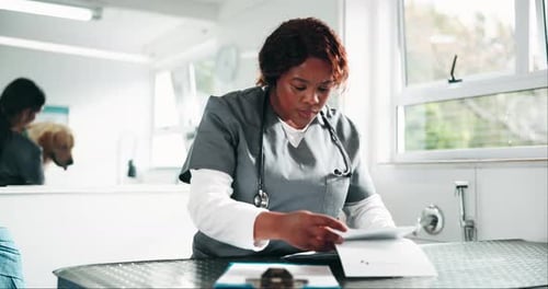 Woman, veterinarian and documents with report at clinic for animal healthcare services