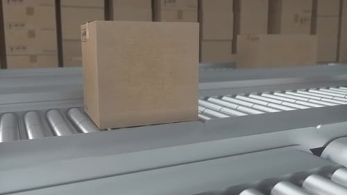 Cardboard Boxes Moving on Automated Warehouse Conveyor Belt