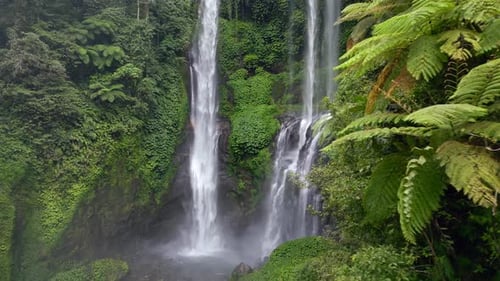 Drone View of Sekumpul Waterfall Surrounded By Tropical Jungle in Bali Indonesia
