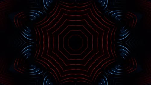 Black background with red and blue design in the center. Kaleidoscope VJ loop
