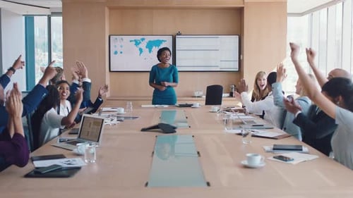 High five, success or business people in meeting applause for company growth