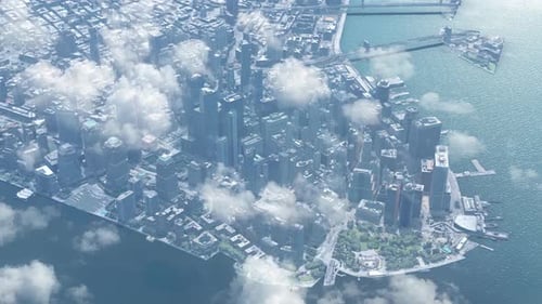 New york downtown Manhattan skyscrapers and river, above clouds, 2023