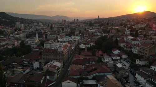 Top view of old city center of Sarajevo, sunset