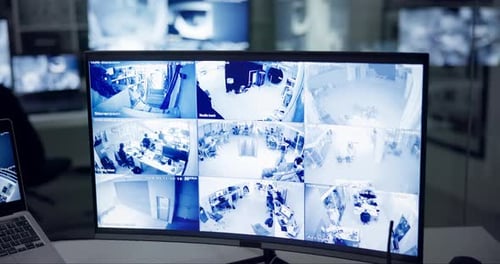 Computer, security and camera surveillance of building, inspection and cctv monitor for company