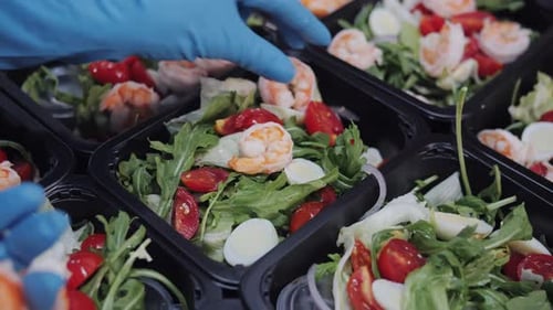 Assemblage professionnel de salades de fruits de mer pour le service de plats à emporter