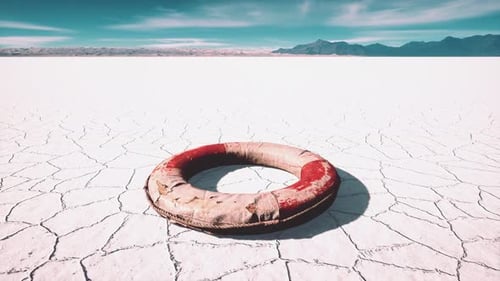 Worn Life Preserver on Arid Salt Flat Desert Landscape