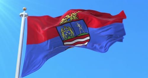 Realistic Waving Flag with Coat of Arms against Blue Sky