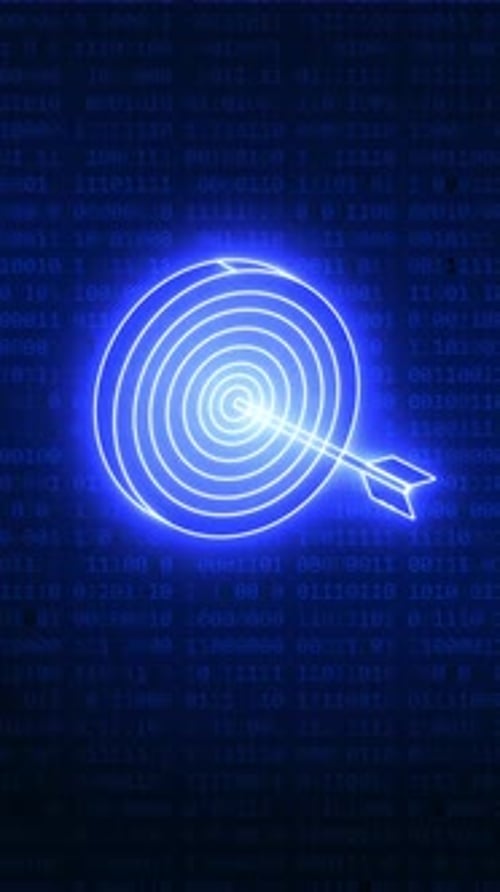 Glowing neon target hitting goal on digital code background