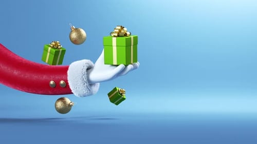 Festive 3D Santa Hand Holding Christmas Presents and Ornaments