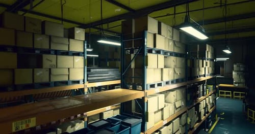 Warehouse Interior with Organized Shelves and Cardboard Boxes