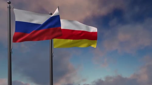 Flagge Südossetiens weht zusammen mit der Nationalflagge Russlands - 4K