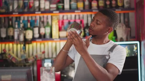 Barman Shakes Drink in Metal Glass in Club