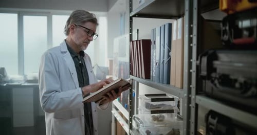 Mature Scientist Stands Near Shelf in Archaeological Lab Reads Scientific Book