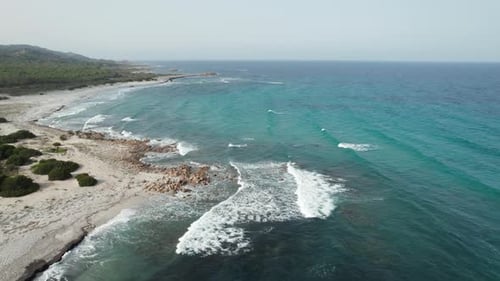 Aerial view drone over beach sea with powerful sea waves. Beach sand and amazing sea in summer. Sard