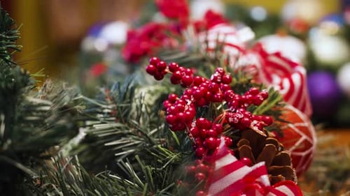 Extreme close up look at traditonal Christmas decorations.