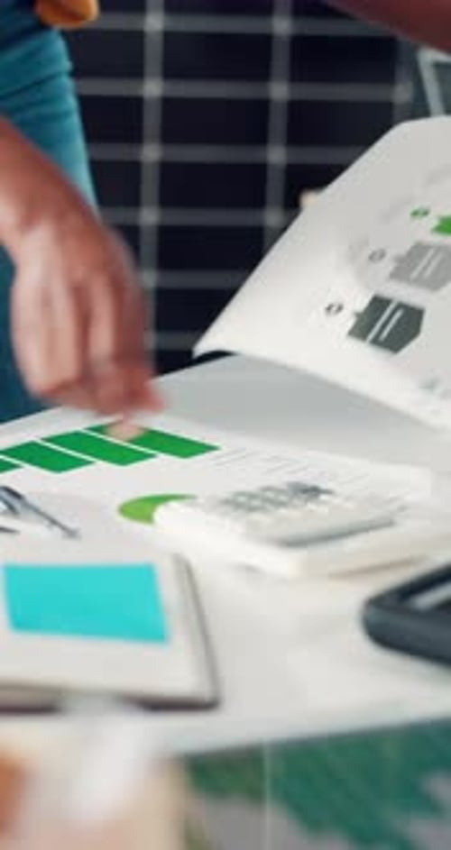Hands, paperwork or woman with calculator in office for PV valuation, grid power ROI or forecasting