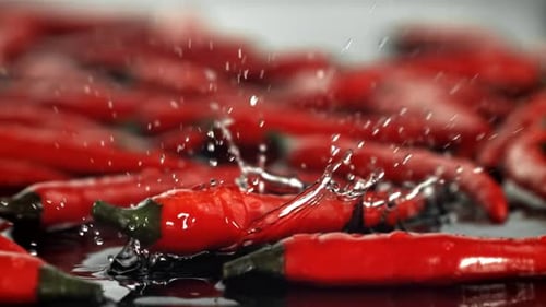 Chilischoten fallen auf eine nasse Oberfläche, gefilmt mit einer Hochgeschwindigkeitskamera mit 1000 Bildern pro Sekunde