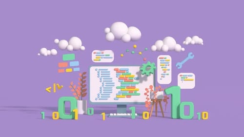 Conceito de programação de computadores ou desenvolvimento de software. Animação de renderização 3D em estilo minimalista de desenho animado