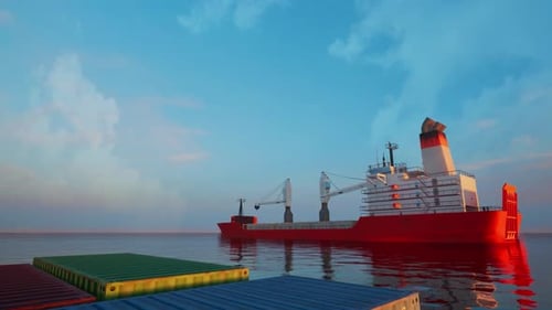 Animated Cargo Ship on Blue Ocean with Shipping Containers