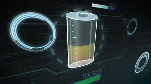 Batteriesymbol auf digitalem futuristischem Computerhintergrund, Animationsgrafik