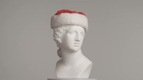 Closeup Shot Ancient Marble Bust Statue of Roman Era Woman in Santa Hat Spinning on a Platform