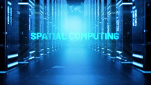 Palavras de computação espacial em fundo de data center de holograma