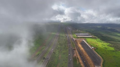 Aerial view of roads and green fields, United States.
