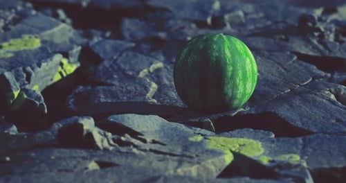 Colorful Watermelon Rests on Rugged Rocky Surface in Evening Light