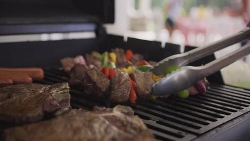 Closeup Of Steaks And Skewers On Backyard Barbeque Grill