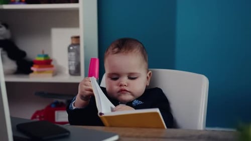 Cute Baby Sits At Desk Holding Book and Highlighter