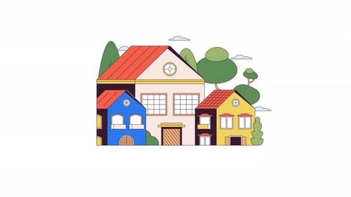 Animación de objetos 2D de casas suburbanas, ventanas, línea parpadeante