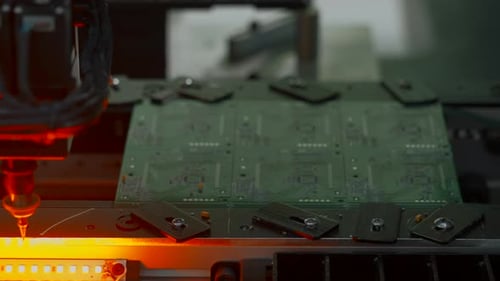 Máquina de recubrimiento para placa de circuito impreso en funcionamiento.