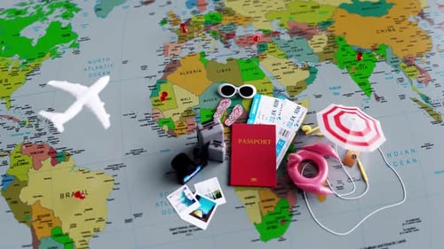 Animated World Map with Travel Items and Flying Airplane