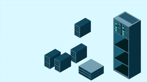 Isometric server animation. Network server room. 3D computer equipment. Storage database