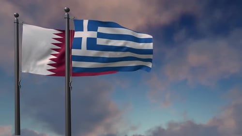 Realistic Flags of Qatar and Greece Waving Against a Dynamic Sky
