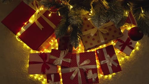 Christmas Gifts under Glowing Tree at Night