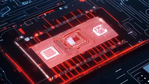 Glowing Red Circuit Board with Futuristic Microchip