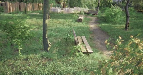Relaxing Green Park with Wooden Benches and Winding Path Under Trees