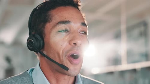 Businessman, consultant and talking with headphones at call center for customer service