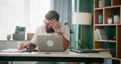 Stress, frustrated or man with laptop in call center overwhelmed by telecom deadline