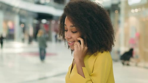 Cheerful African American Woman Shopping Mall Girl Talking Mobile Phone Smartphone Call Conversation