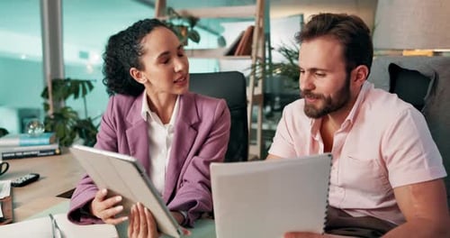 Collaboration, paper and tablet with business people in office together for financial report