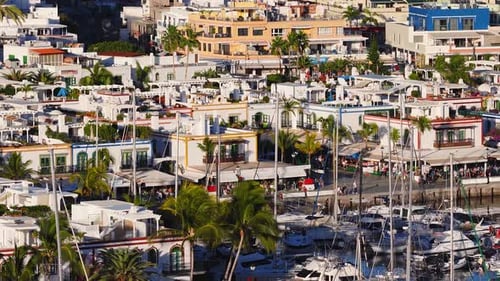 Aerial of Puerto De Mogan Marina Gran Canaria Promenade and Yachts
