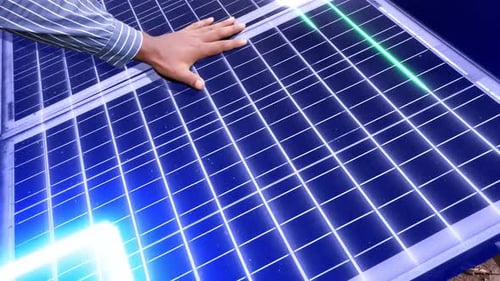 Solar Panel concept. Man doing Solar Panel Analysis by Hand. Business man doing touch Solar Panel.