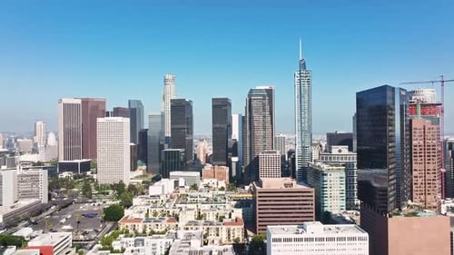 Drone Flight Over Los Angeles City Aerial Shot of Los Angeles Towers Air View Over Downtown Los