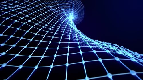 Gedrehtes Wellenraster aus leuchtend blauen Kugeln und Hightech-Linien mit hellem Glanzeffekt