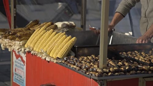 Popular Street Food in Istanbul: Roasted Corn and Chestnuts in Cart