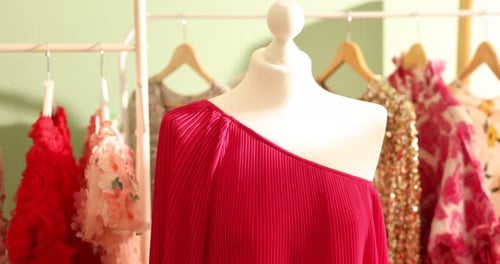 Mannequin with beautiful dress and other festive clothes in dressing room. Camera moving out